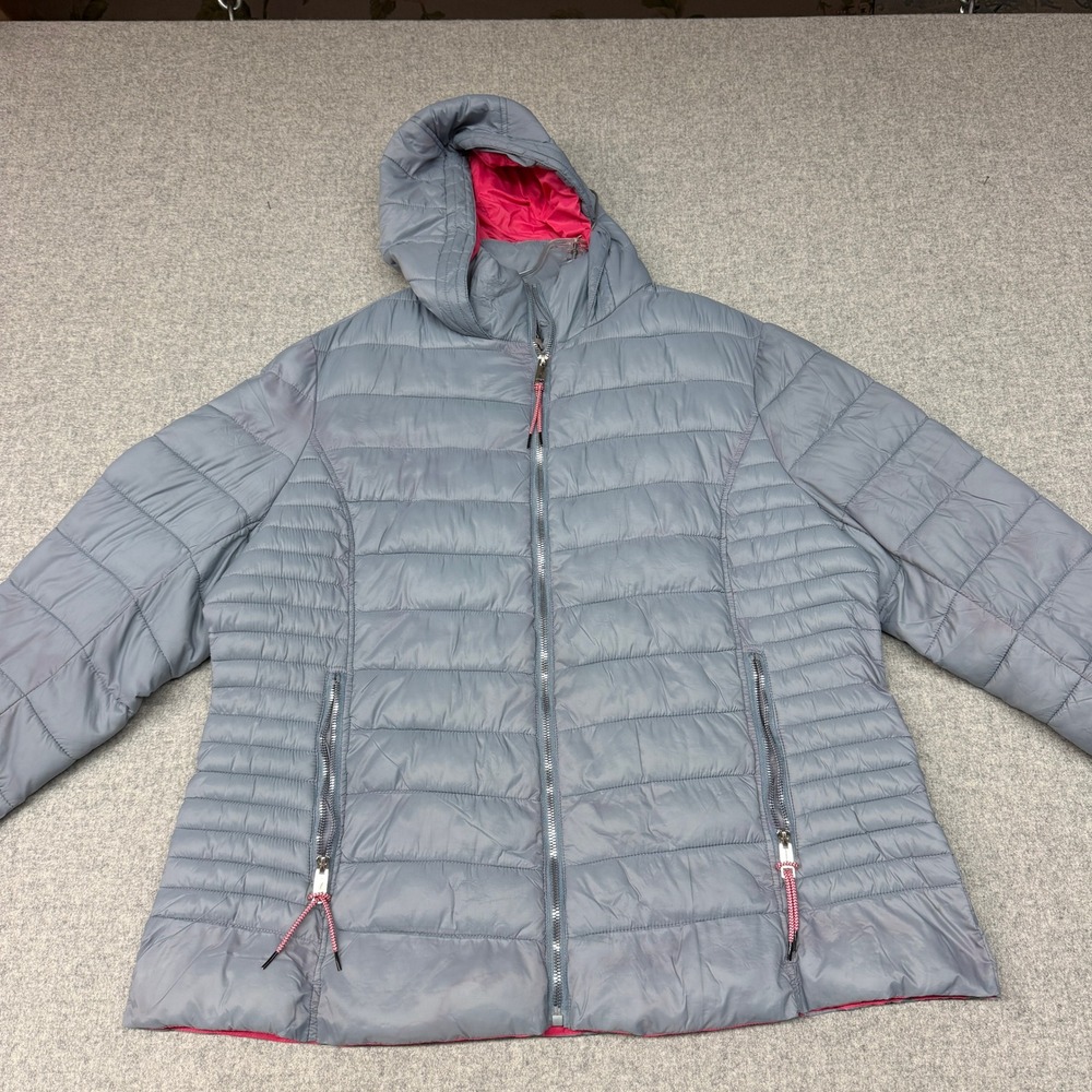 Maralyn & Me Puffer Jacket 1X Grey Pink Hooded Zip Quilted Lightweight Coat 1835